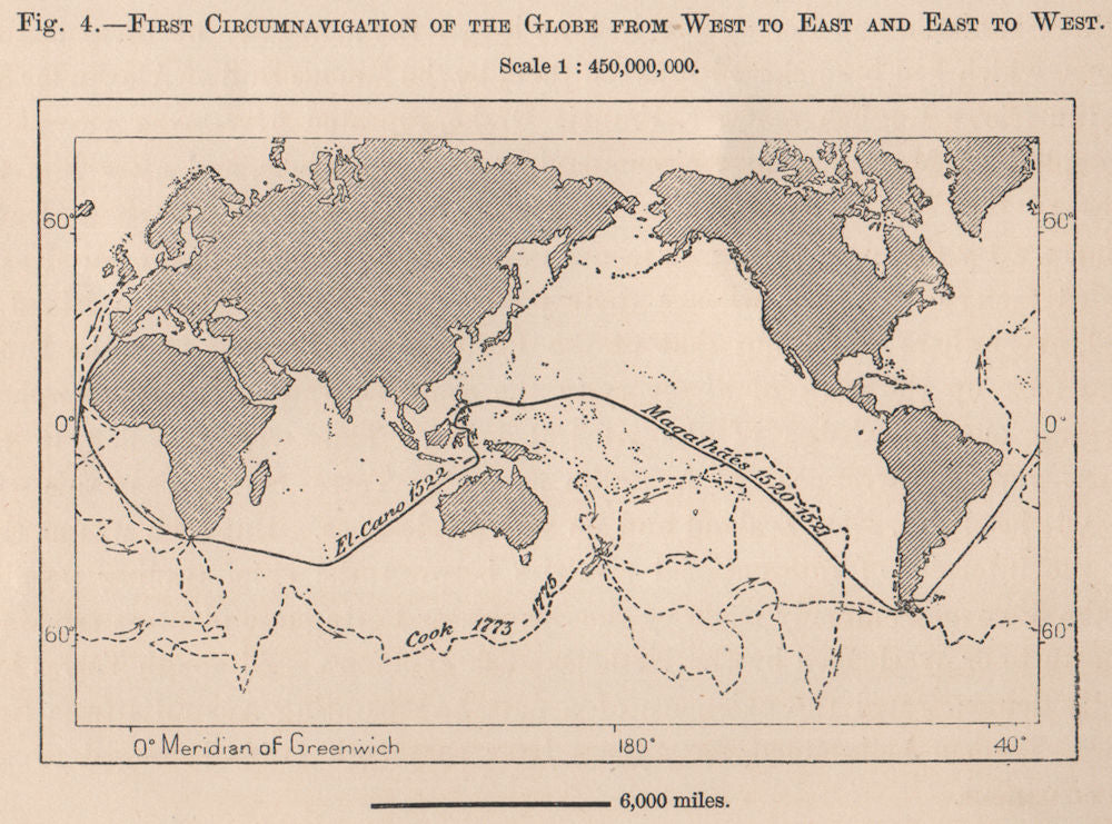 First Circumnavigation of the Globe West to East & East-West. World 1885 map